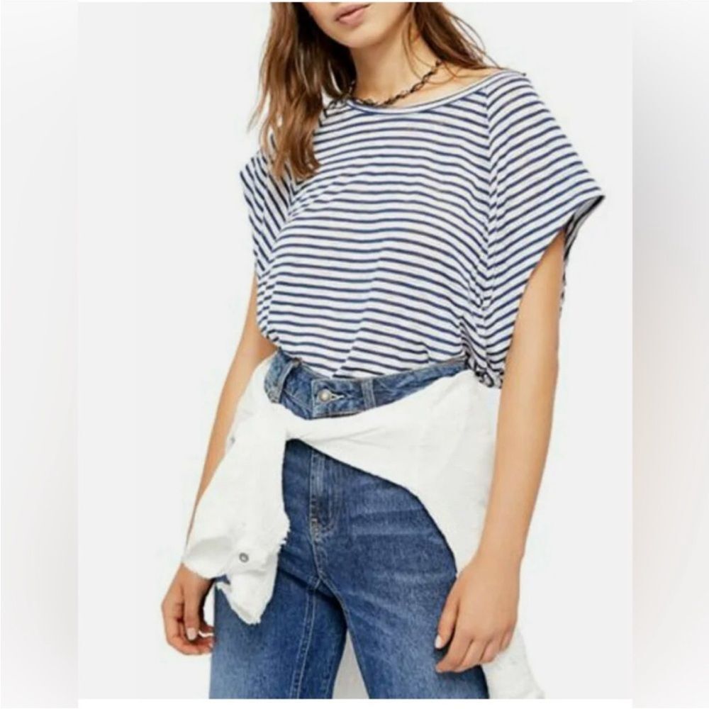We The Free Free People Blue White Striped Curved Hem Halo Tee Tshirt Size S